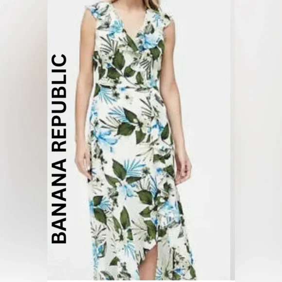 Banana Republic Sleeveless Long Ruffle Dress White Blue Green Size 4 - Picture 2 of 5